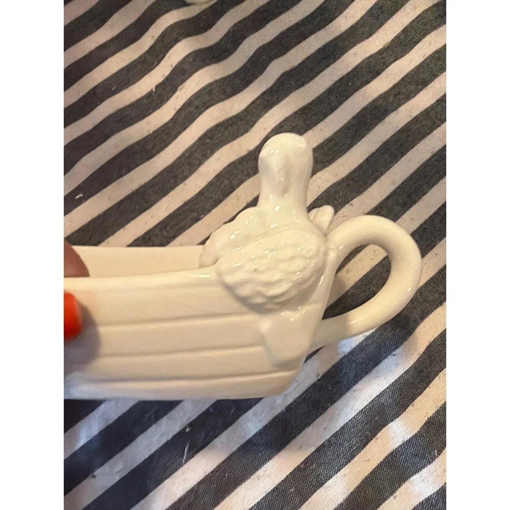 White Dolomite TURKEY  in Boat Ceramic Trinket Dish Nautical Decor
